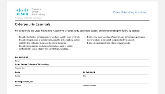 Cisco Cybersecurity Essentials Certificate - Raj Lakhera